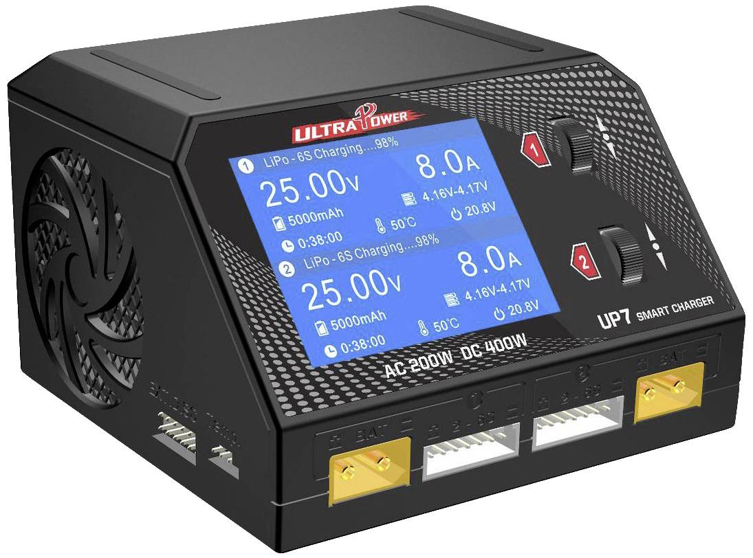 Ein Ladegerät mit Display zeigt Ladeinformationen: 25,0V, 5000mAh, 50°C für LiPo-6S; 8,0A, 4,16V/4,17V. Zwei Ladefunktionen sind aktiviert.