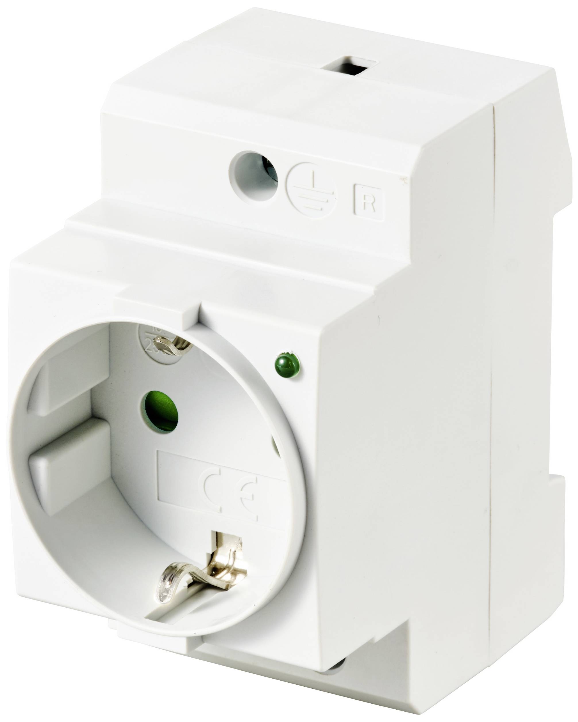 Elektronische Steckdose auf weißem Hintergrund, zeigt Öffnungen für Stecker, grüne Kontrollleuchte und Schraubklemme zur Befestigung.