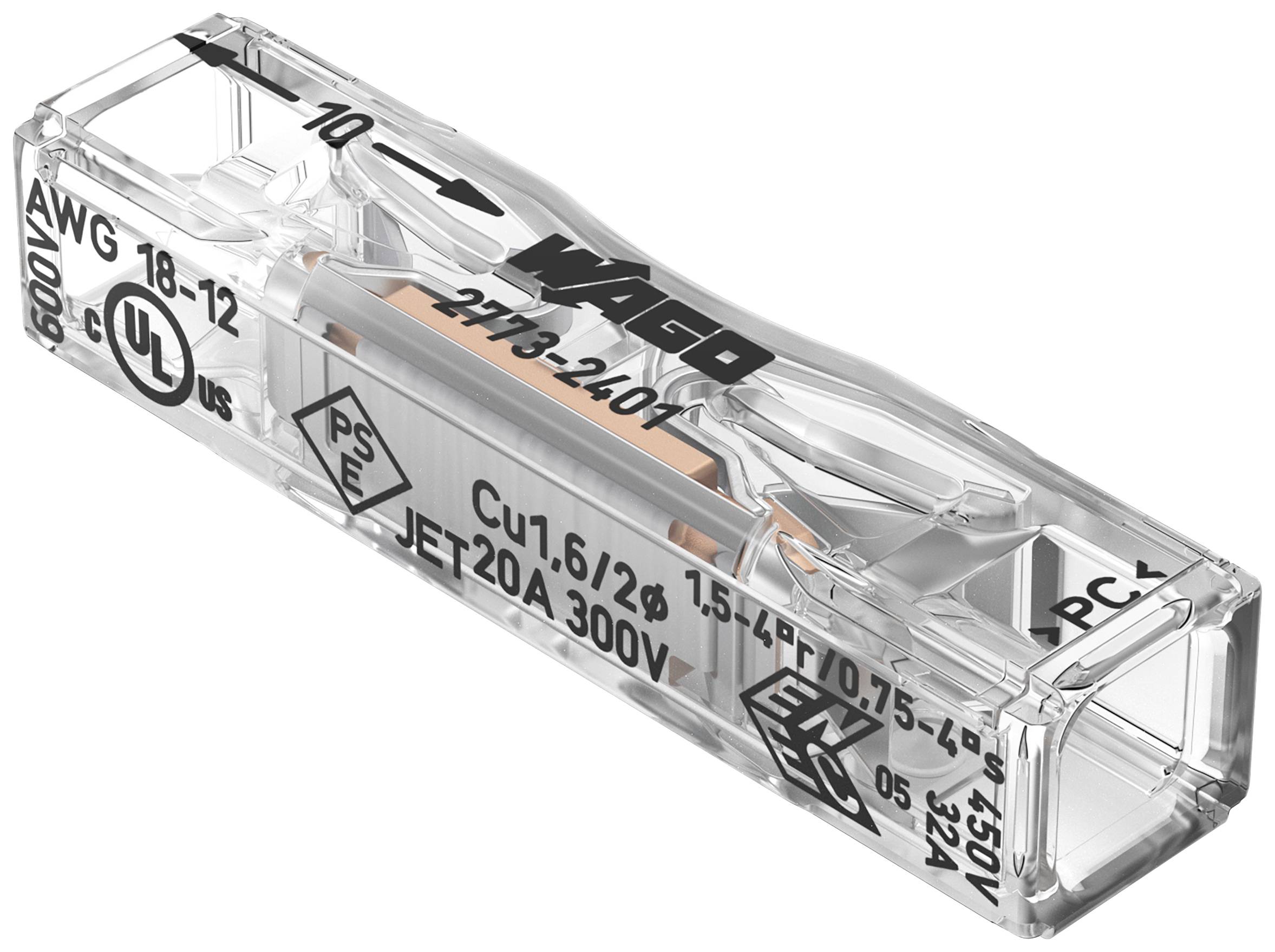 Durchsichtige WAGO-Klemme, Modell 221-2401, für Kupferleiter 1,6-2,6 mm², Spannung 300 V, UL- und EN-zertifiziert.