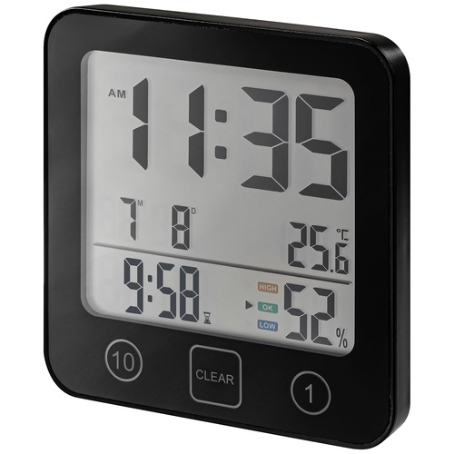 Bad und Küchenuhr mit Timer, Thermo-Hygrometer digital Timer Schwarz IP54