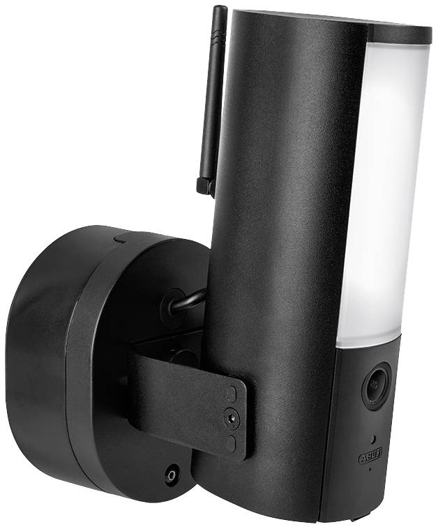Schwarze Überwachungskamera mit LED-Licht und Antenne. Wandmontage mit rundem Gehäuse. Ideal für Außenüberwachung und Sicherheit.