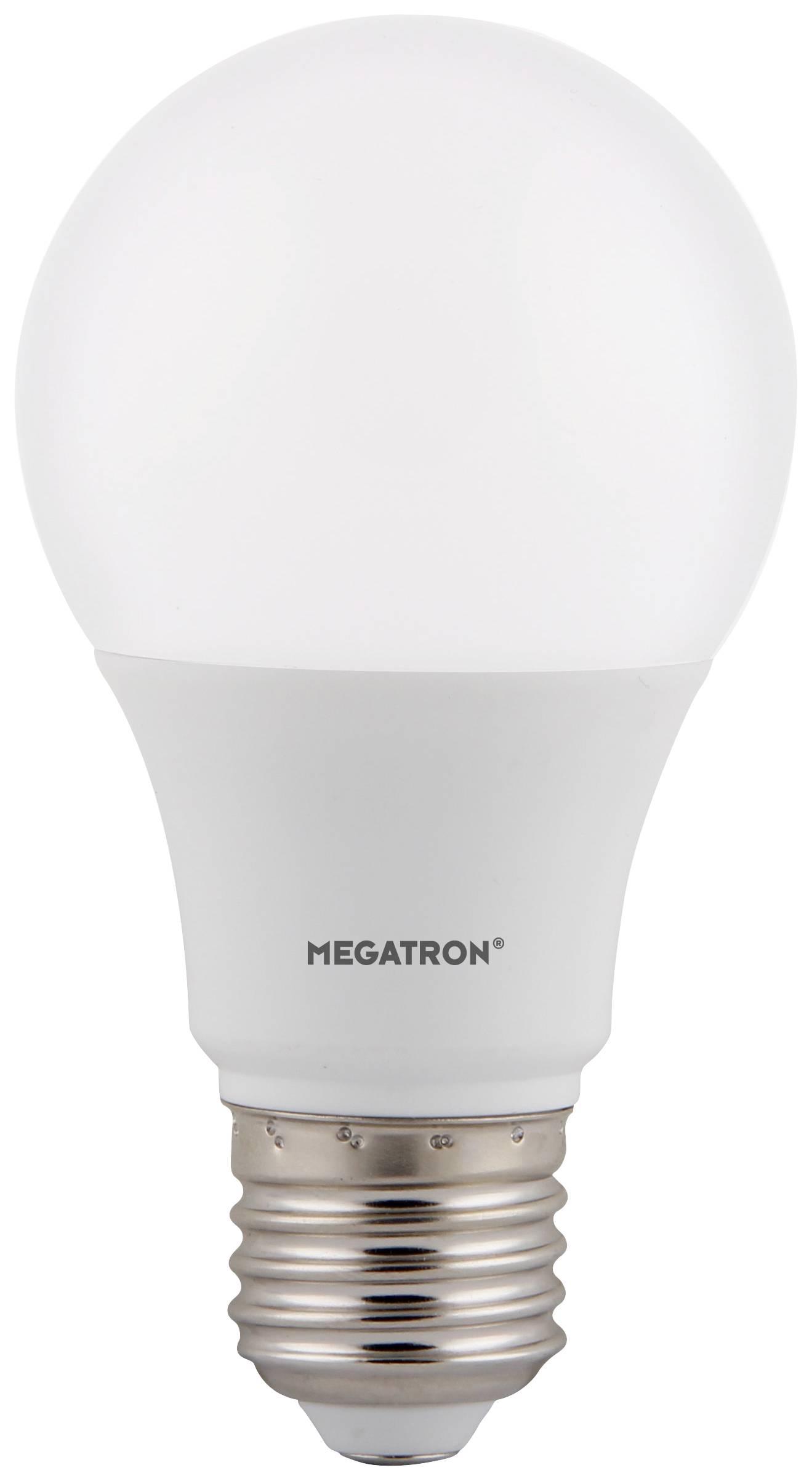 Eine weiße LED-Glühbirne mit E27-Sockel, mittig ausgerichtet auf weißem Hintergrund, trägt die Aufschrift 'MEGATRON'.
