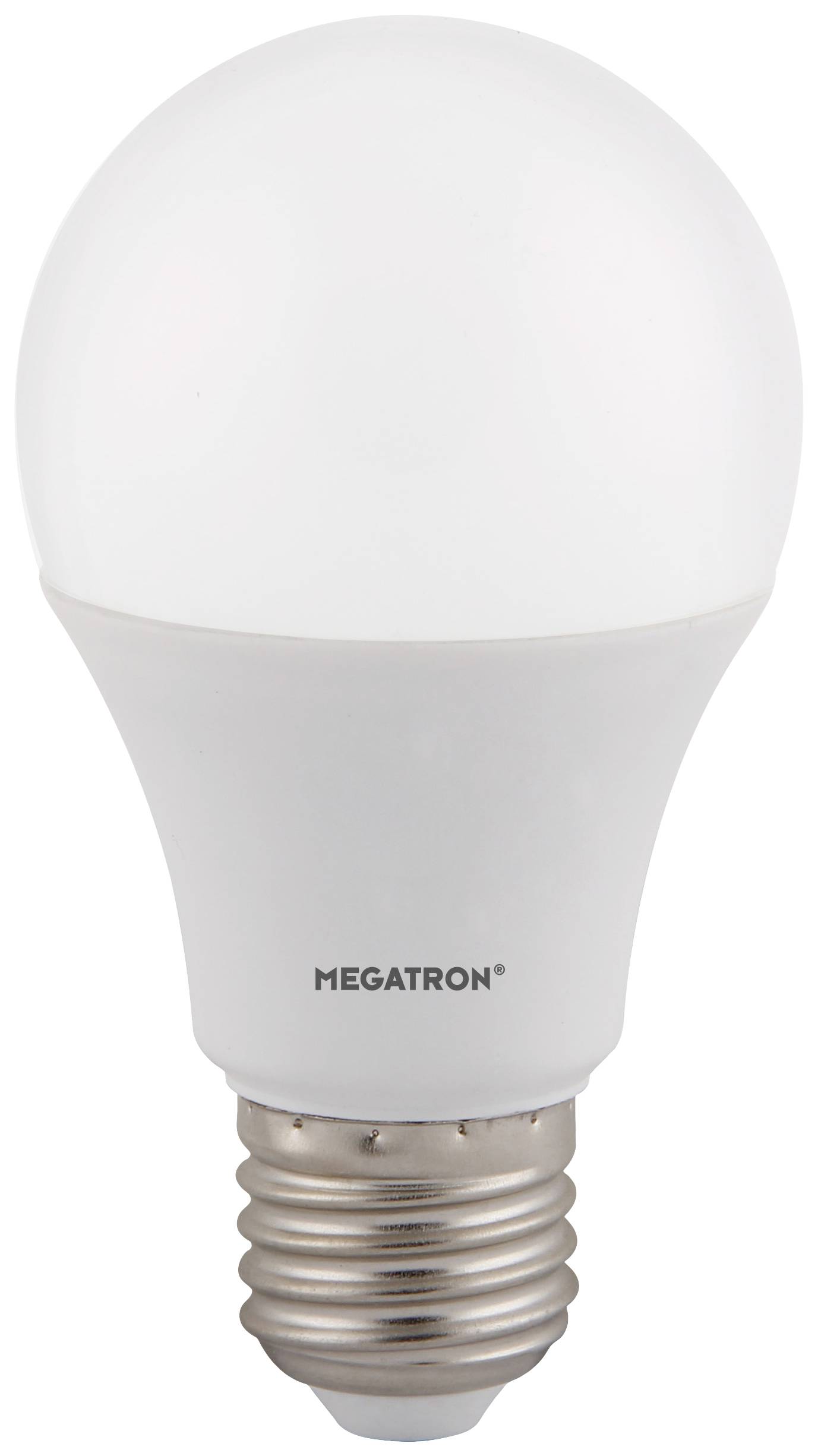 Weiße LED-Glühbirne mit E27-Sockel, beschriftet mit 'MEGATRON'.