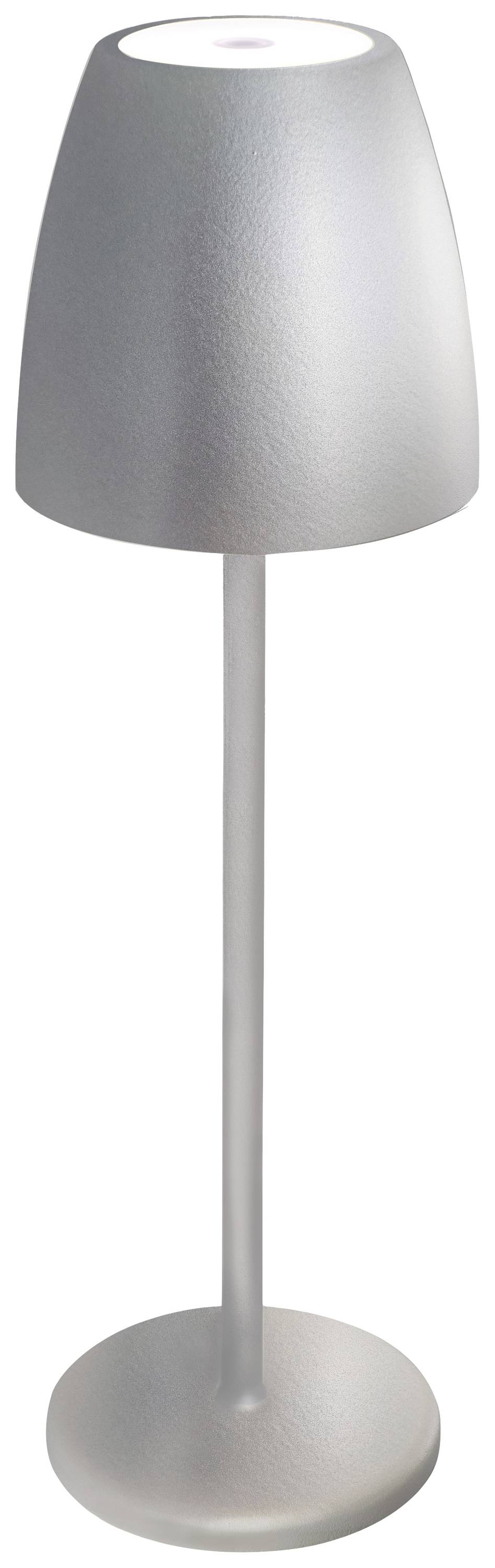 Eine schlanke, moderne Tischlampe aus Metall mit einem einfachen, zylindrischen Schirm und stabilem Standfuß, leuchtet hell oben.