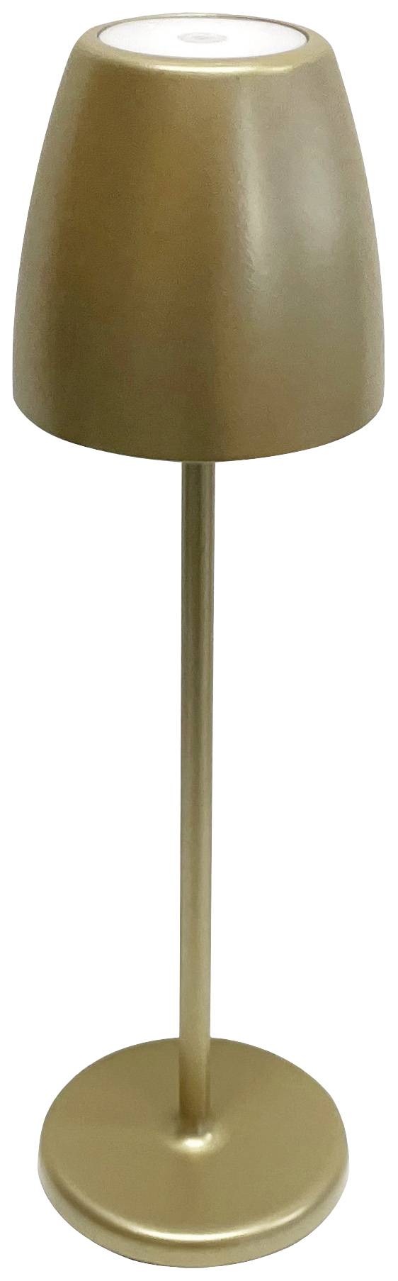 Goldene Tischleuchte mit zylindrischem Lampenschirm und schmalem, hohem Ständer auf rundem Sockel.