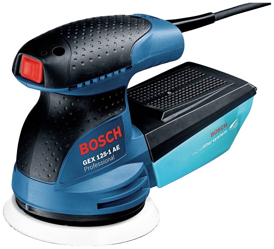 Elektrischer Exzenterschleifer in Blau und Schwarz mit rotem Bosch-Logo und Staubbehälter. Gebraucht für Holz- und Oberflächenbearbeitung.