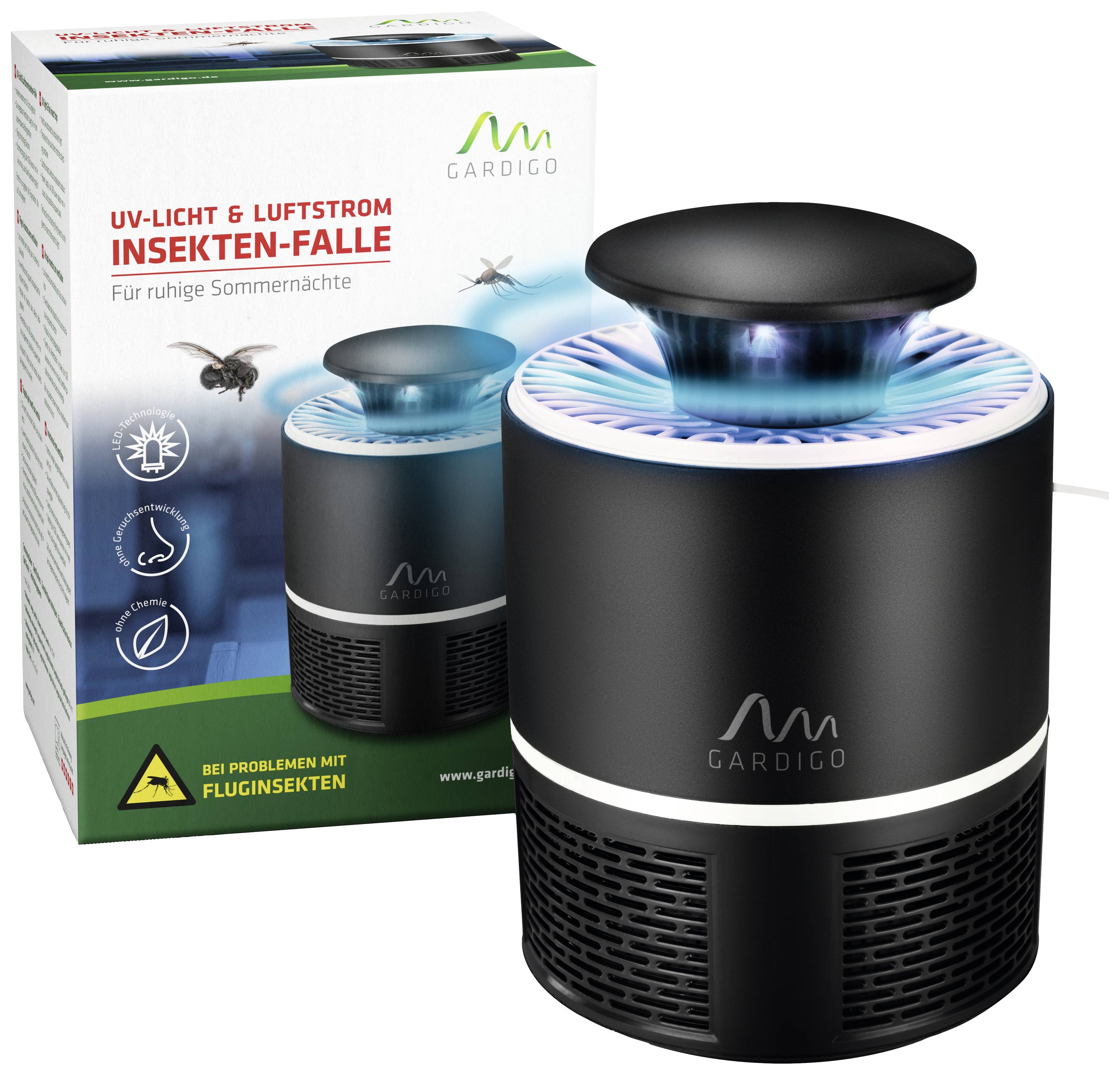 Insektenfalle mit UV-Licht und Luftstrom. Schwarzes Gerät mit blauem Licht. Verpackung erklärt Funktion für ruhige Sommernächte.