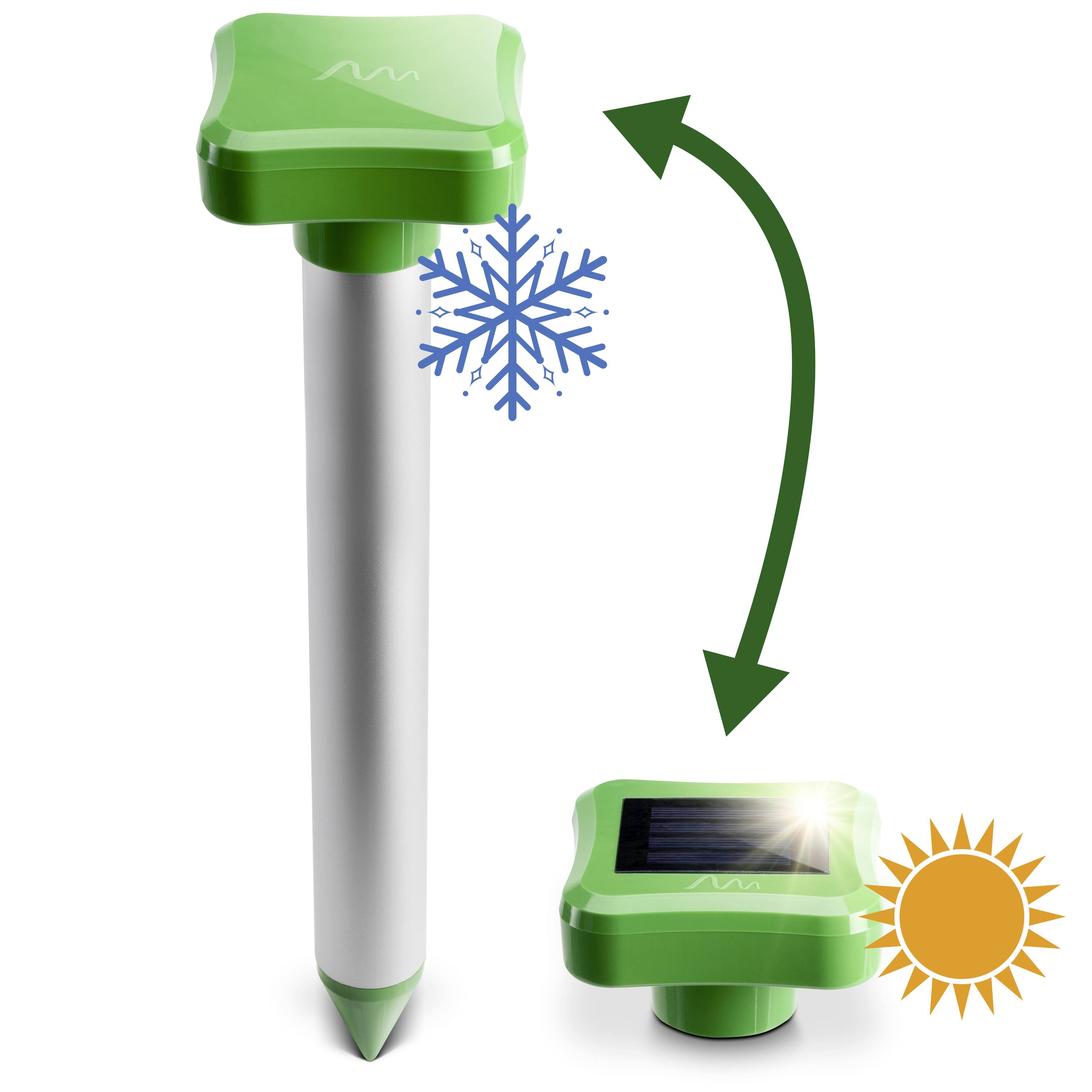 Grüner solarbetriebener Pfahl, symbolisiert Frostschutz im Winter und Sonnenenergieaufnahme im Sommer, dargestellt durch Symbole.