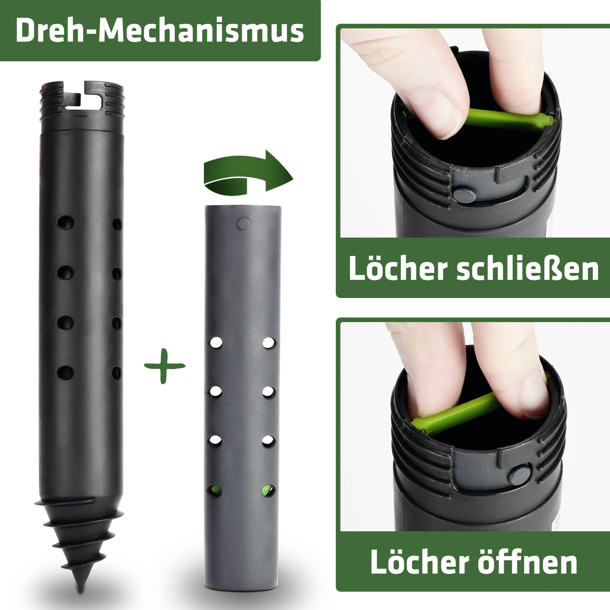 Ein drehbarer Mechanismus zeigt, wie Löcher geöffnet und geschlossen werden können. Links: geschlossener Zustand. Rechts: Hand öffnet Löcher.
