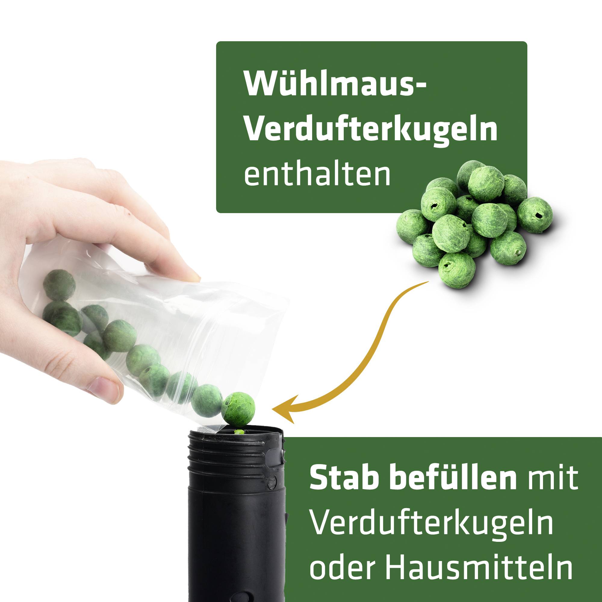 Hand legt grüne Kugeln in schwarzen Behälter. Text: 'Wühlmaus-Verdufterkugeln enthalten' und 'Verbuffeln mit Verdufterkugeln oder Hausmitteln'.