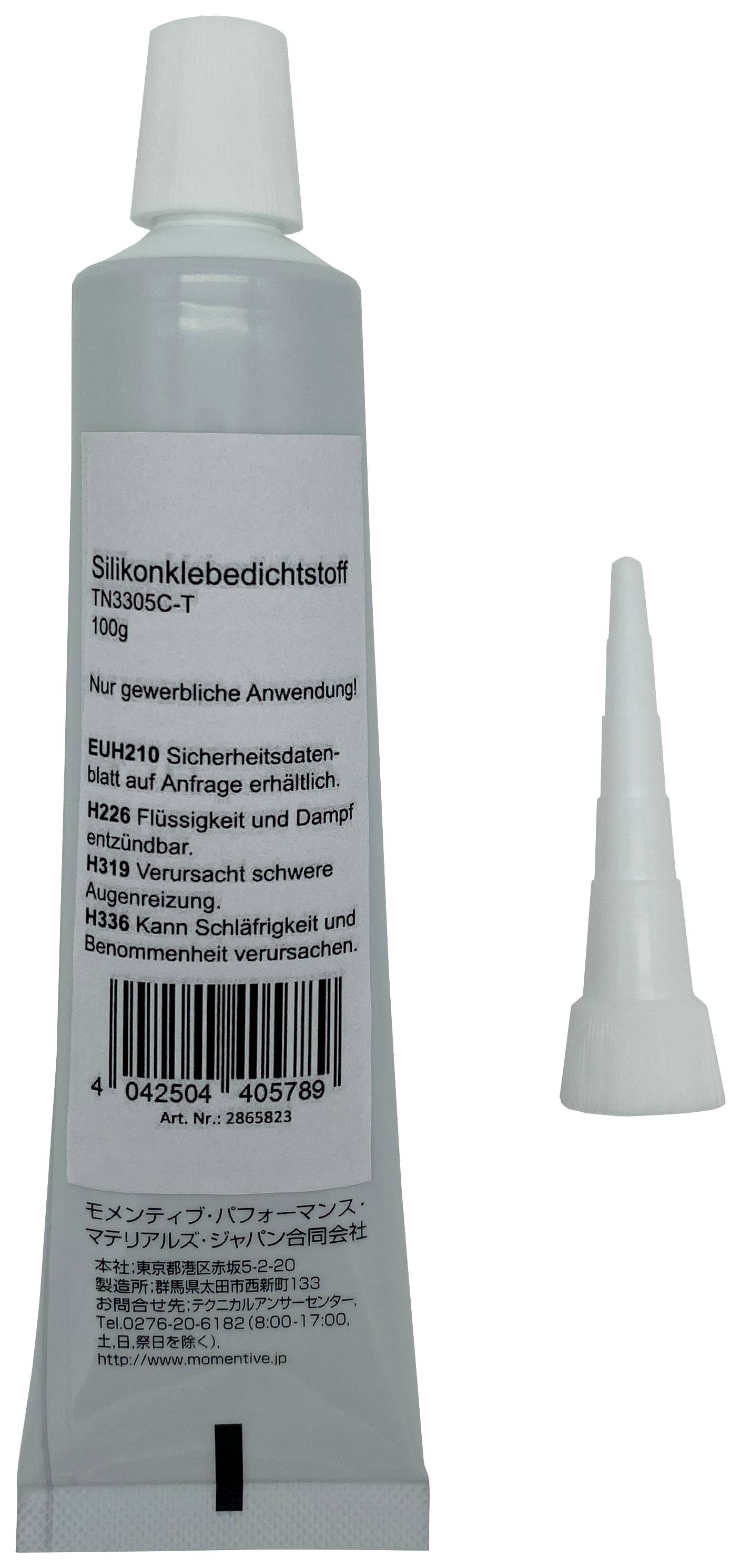 Klebertube mit Aufschrift 'Silikonklebedichtstoff', enthält Sicherheits- und Warnhinweise. Kunststoffspitze daneben. Nicht gewerbliche Anwendung.