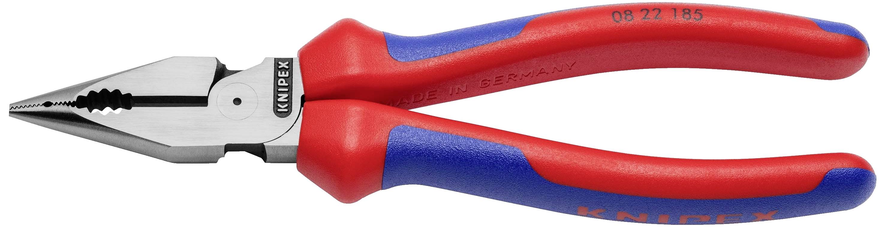 Eine Kombizange mit roten Griffen und blauer Gummierung. Sie hat eine Greif- und Schneidefläche für vielseitigen Einsatz.