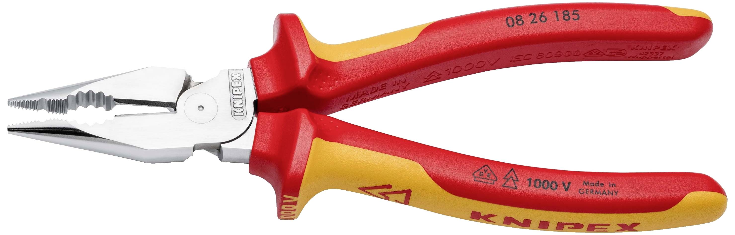 Zange mit rotem und gelbem Griff, isolierte für 1000 V, von Knipex, geeignet für Elektroarbeiten.