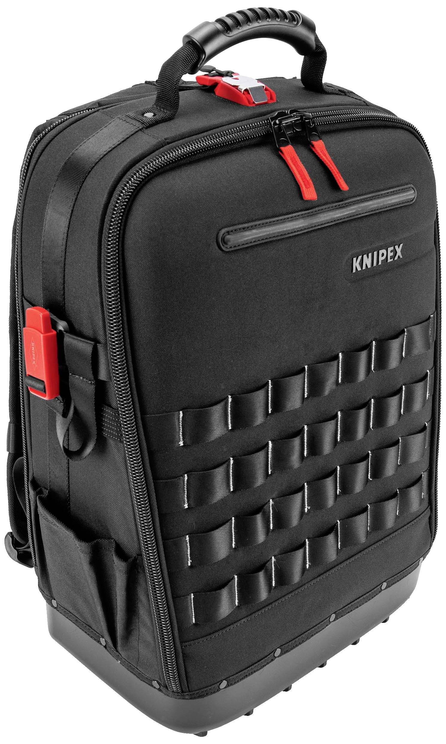 Schwarzer Werkzeugrucksack mit rotem Griff und Verschlüssen. Mehrere Fächer außen, Markenname 'KNIPEX'.