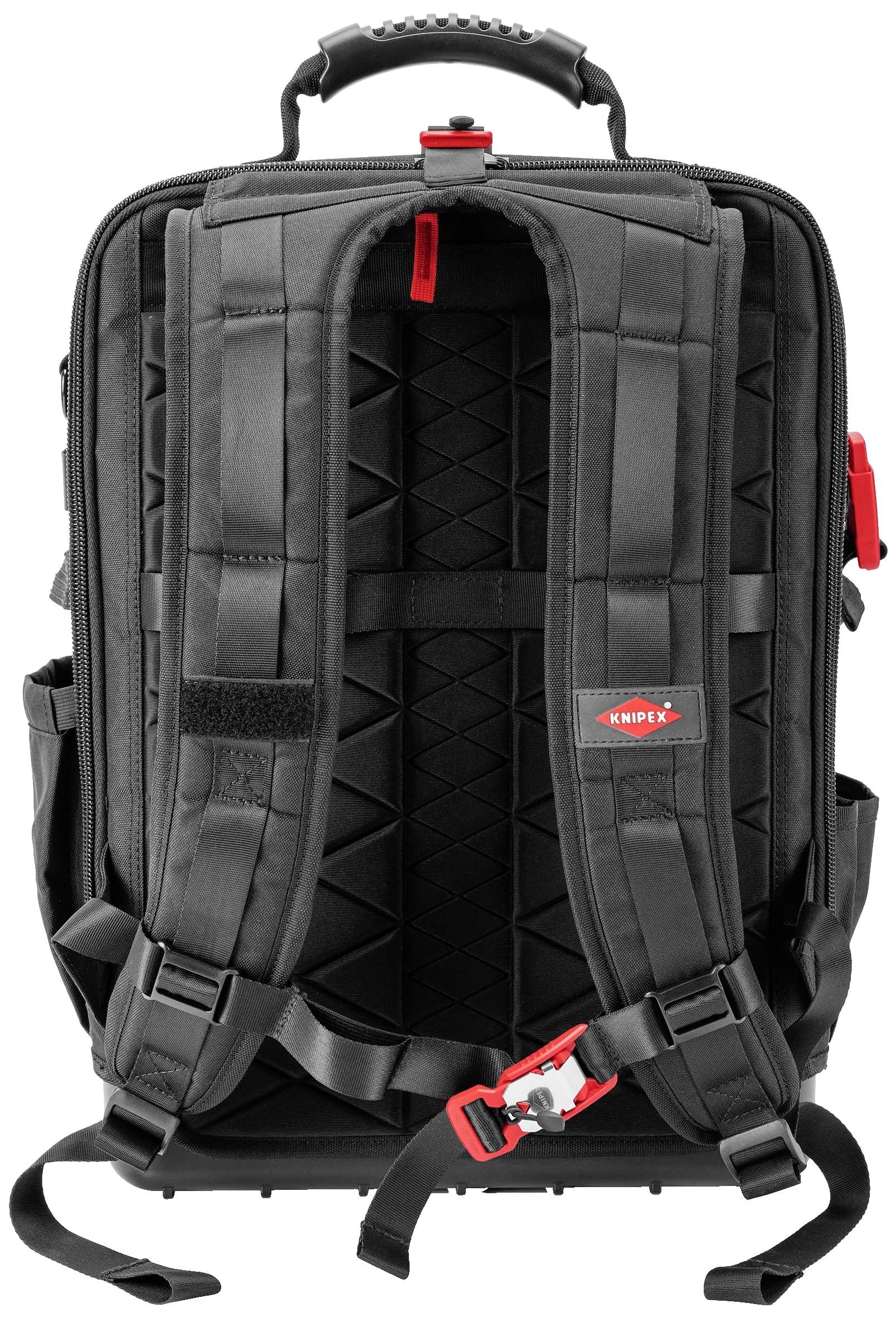 Schwarzer Rucksack mit gepolsterten Trägern und rotem Verschluss, robustes Design, geeignet für Outdoor-Aktivitäten und Reisen.