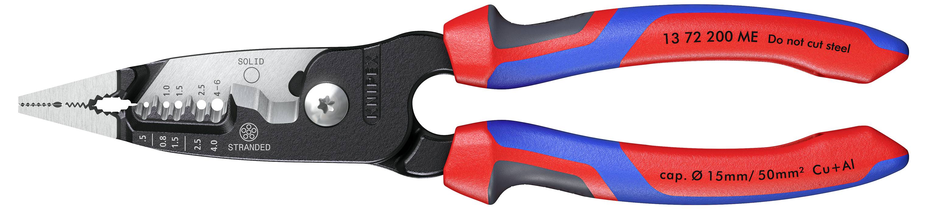 Ein Paar rot und blau isolierter Zangen mit der Bezeichnung '13 72 200 ME' mit Messskalierungen und Schneidkerben auf den metallischen Teilen.