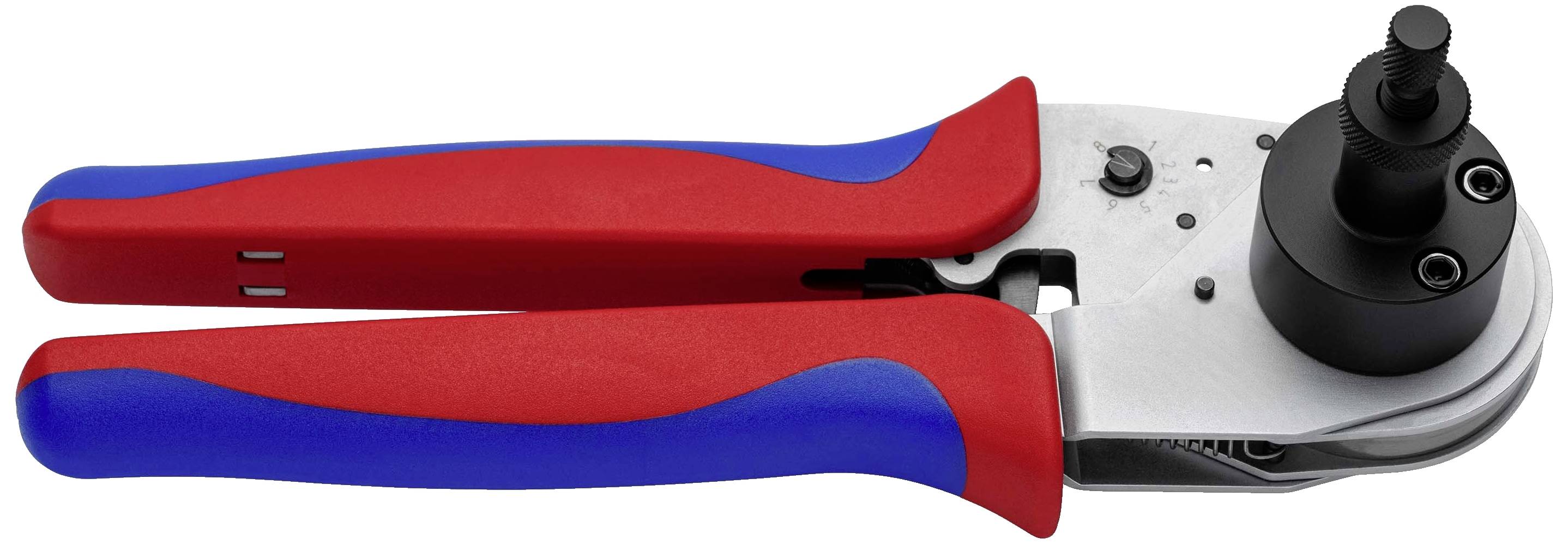 Drahtcrimpzange mit roten und blauen Griffen, geeignet zum Verbinden von Kabeln durch Crimpen.