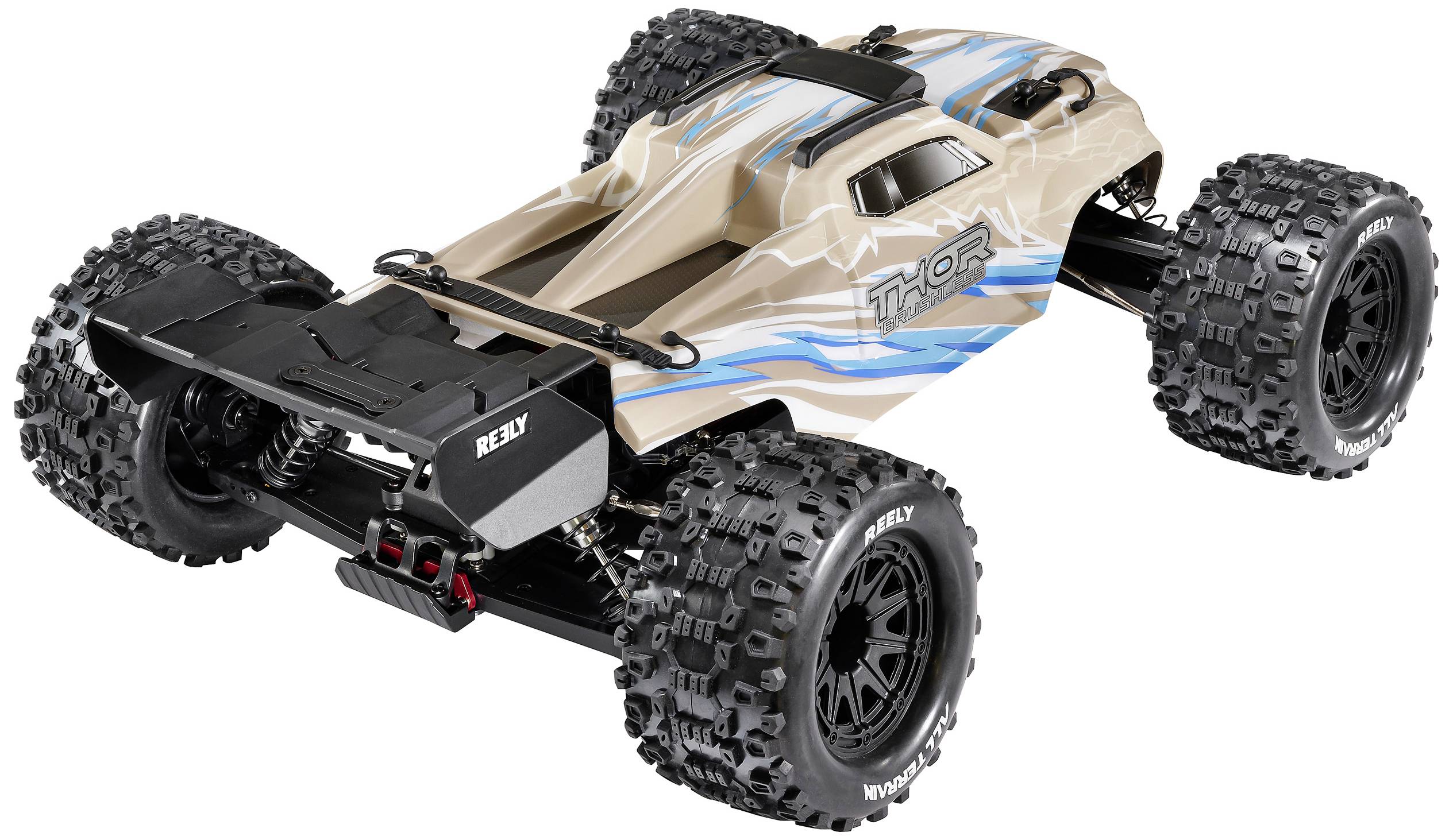 Ferngesteuertes Auto mit robusten Offroad-Reifen und blau-beigem Design. Geeignet für Geländefahrten.