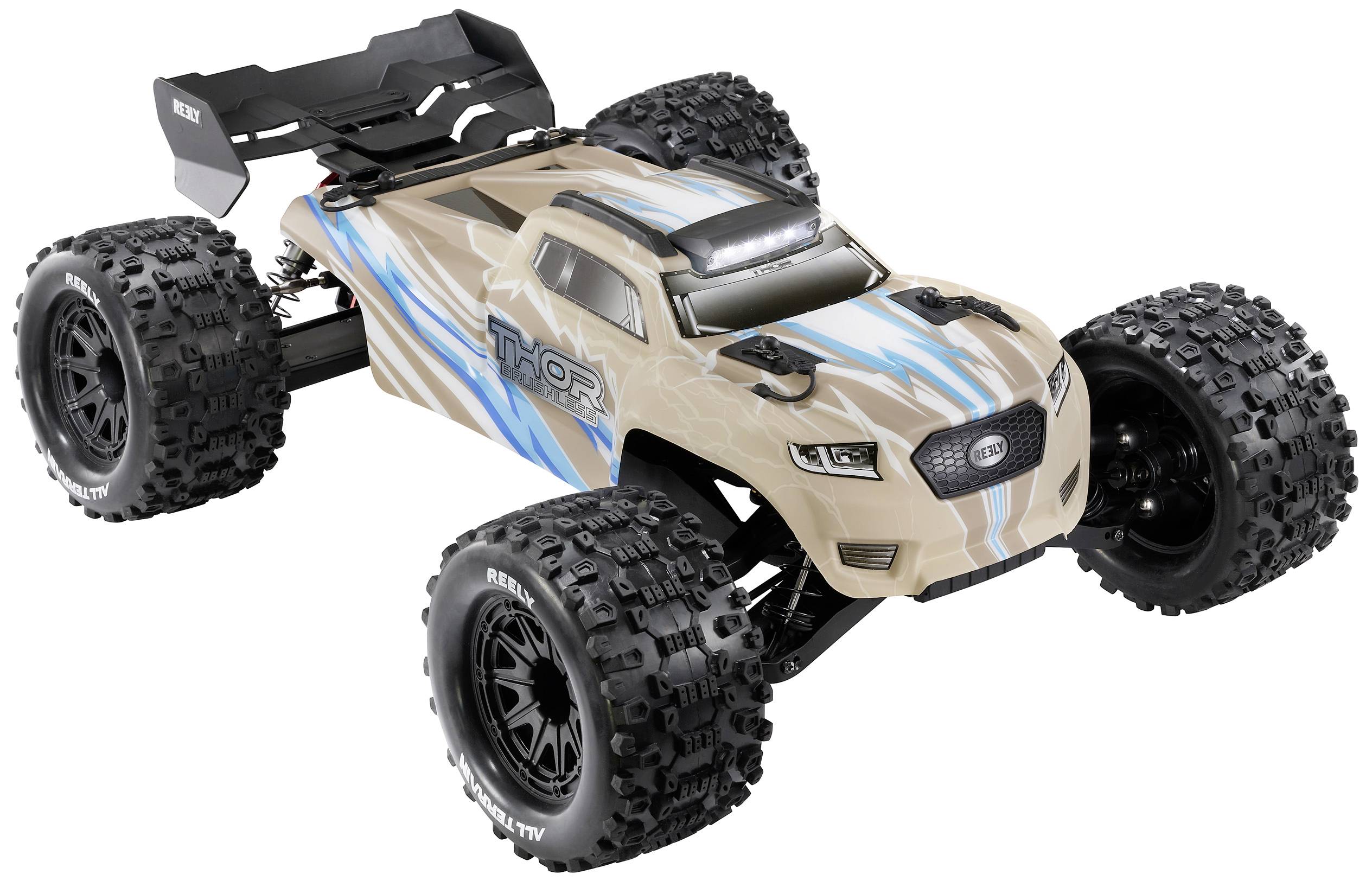 Ferngesteuerter Spielzeug-Truck mit grobstolligen Reifen, beige mit blauen und schwarzen Akzenten. Modellname 'THOR' an der Seite.