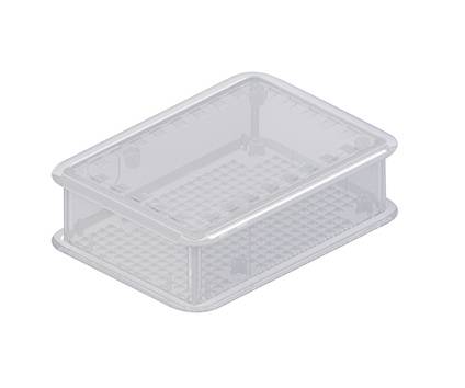 Durchsichtige rechteckige Plastikbox, leer und geschlossen, von oben betrachtet.