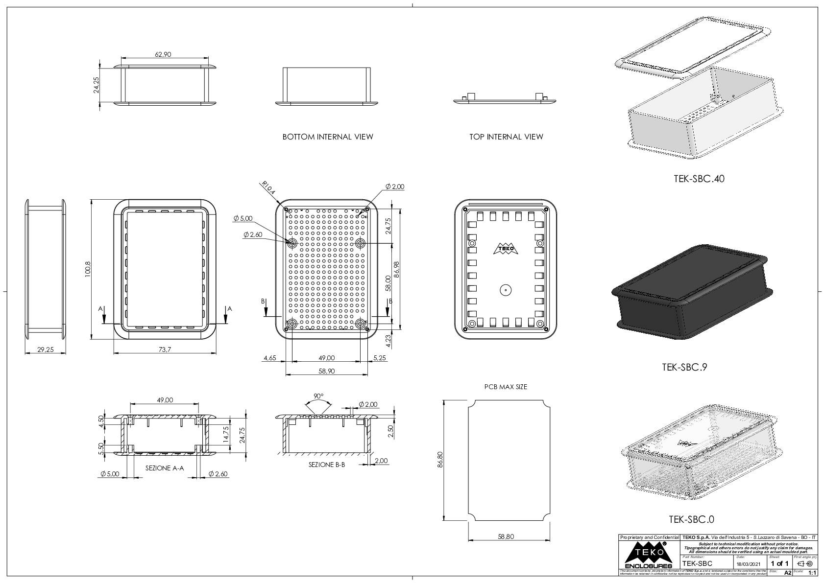 Technische Zeichnung eines rechteckigen Behälters mit Deckel. Zeigt Innen- und Außenansichten sowie Abmessungen und Befestigungspunkte.
