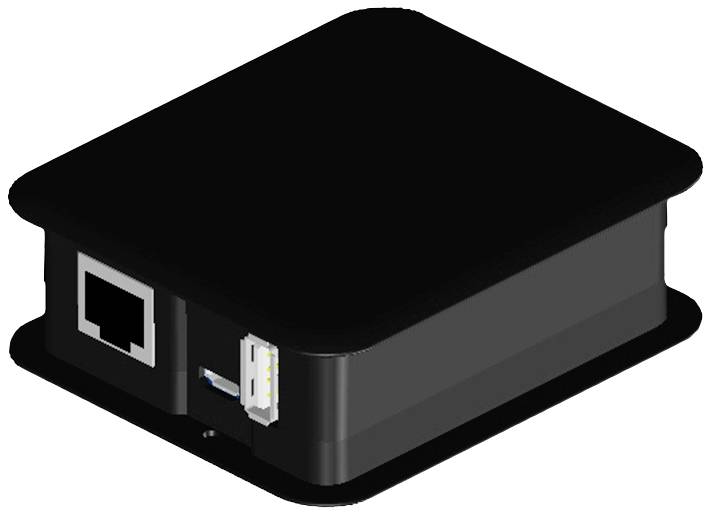 Ein rechteckiges schwarzes Gerät mit einem Ethernet-Anschluss und einem USB-Anschluss.