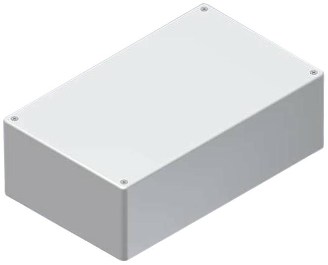 Graues, rechteckiges Gehäuse mit abgerundeten Ecken und Schrauben an den Ecken zur Befestigung.