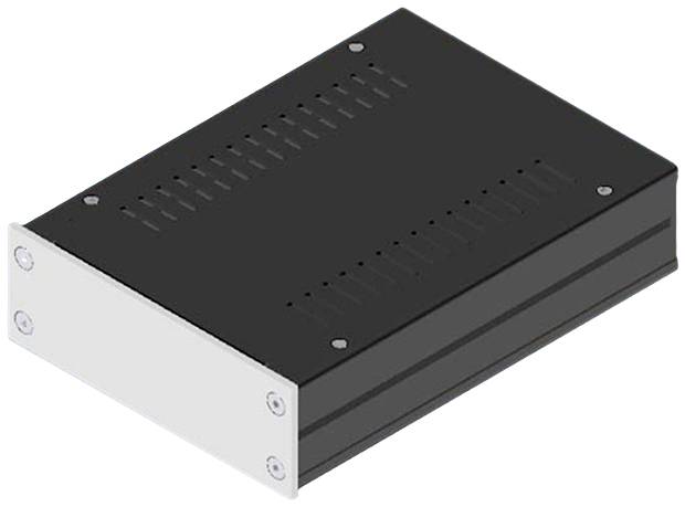 Ein schwarzes, rechteckiges Metallgehäuse mit silberner Vorderplatte, geeignet zur Aufnahme elektronischer Geräte.