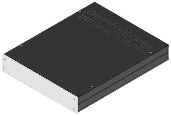 Ein rechteckiges, schwarzes Metallgehäuse, das wie ein Computergehäuse oder Servergehäuse aussieht, mit belüfteter Oberseite.