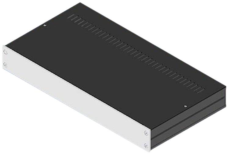 Schwarz-silbernes Rechteckgehäuse, möglicherweise ein elektronisches Gerät.