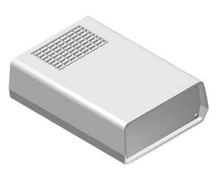 Ein weißes, rechteckiges Gehäuse mit Lüftungsschlitzen an der Oberseite, möglicherweise für elektronische Komponenten.