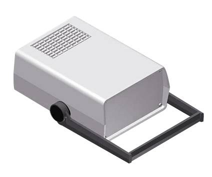 Ein weißes, rechteckiges elektronisches Gerät mit belüfteter Oberfläche und schwarzem Haltegriff, seitlich abgebildet.