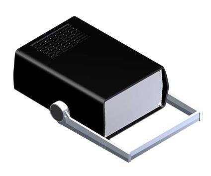 Schwarzes rechteckiges Gehäuse mit silbernem, verstellbarem Bügel. Könnte zu einem technischen Gerät oder einer Halterung gehören.