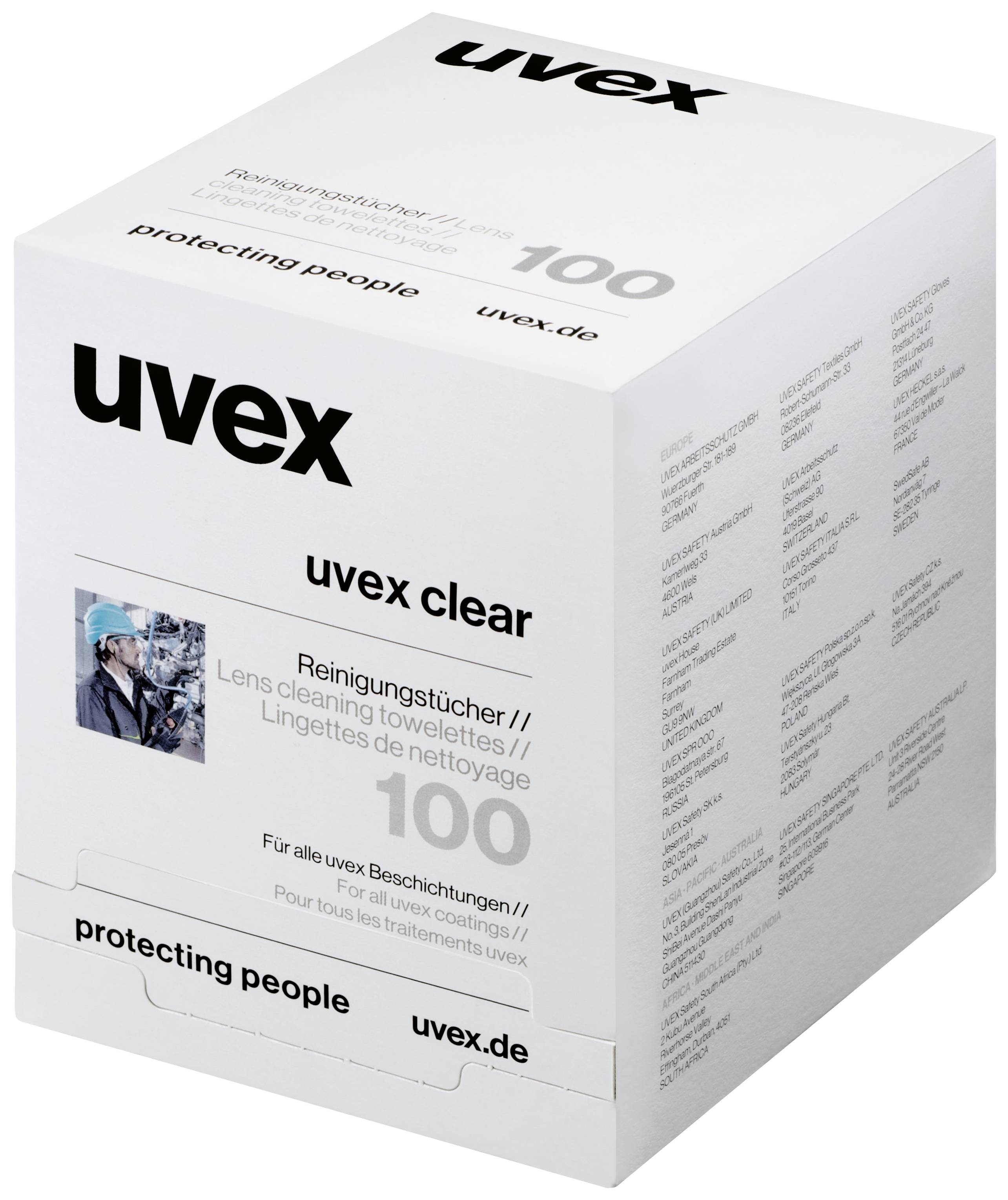 Verpackung von 'uvex clear' Reinigungstüchern, 100 Stück für Brillengläser. Enthält Markennamen und Website 'uvex.de'.