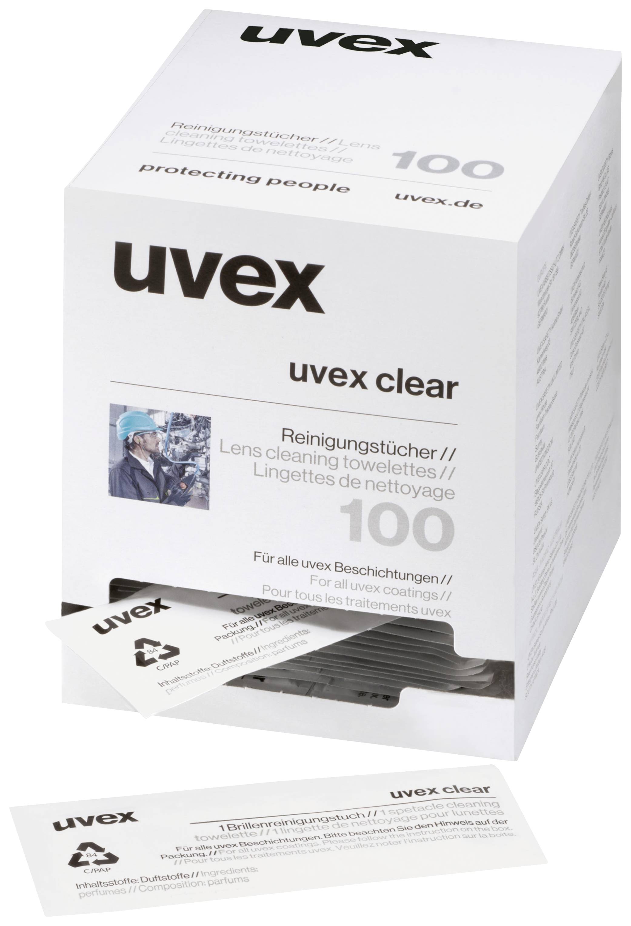 Box mit 'uvex clear' Brillen-Reinigungstüchern, 100 Stück. Verpackung zeigt Arbeiter mit Schutzbrille.