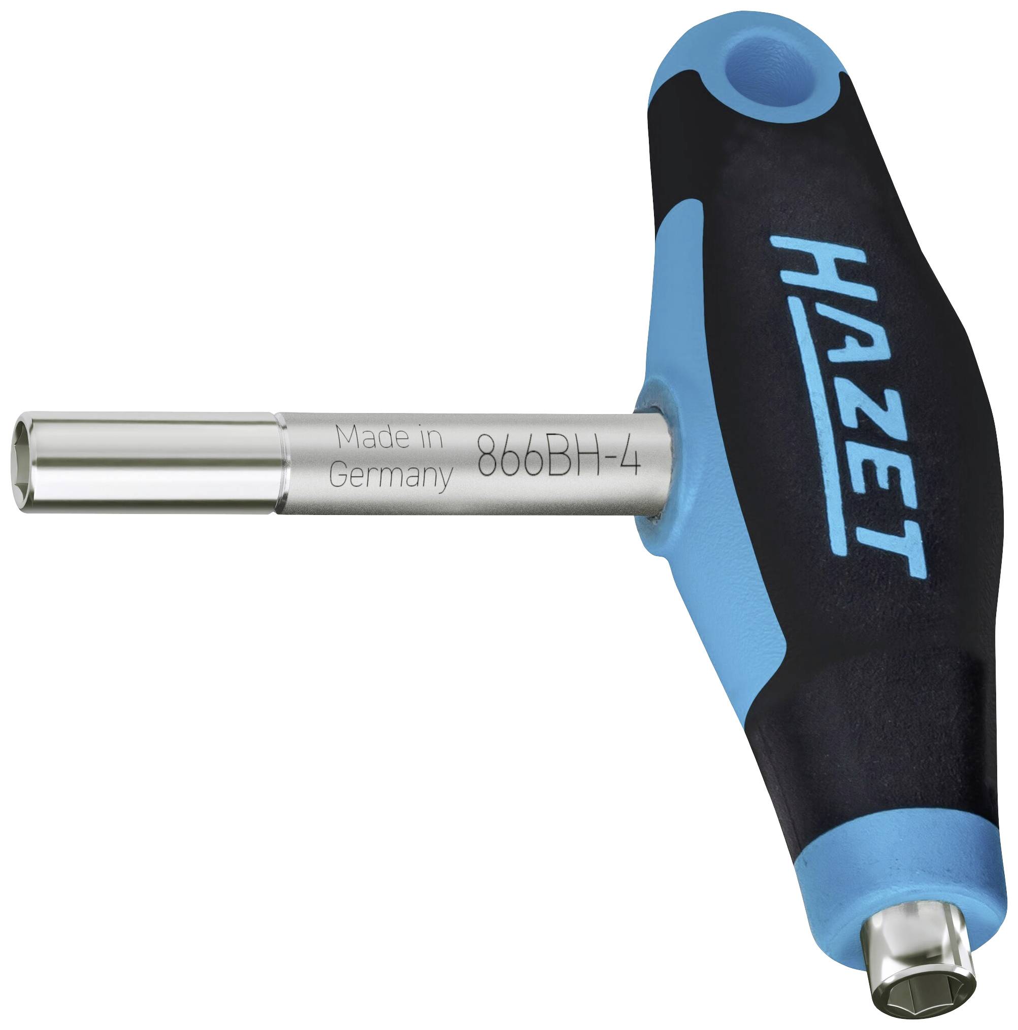 T-Griff Schraubendreher der Marke Hazet, blaue und schwarze Grifffarbe, mit der Aufschrift 'Made in Germany 866BH-4'.
