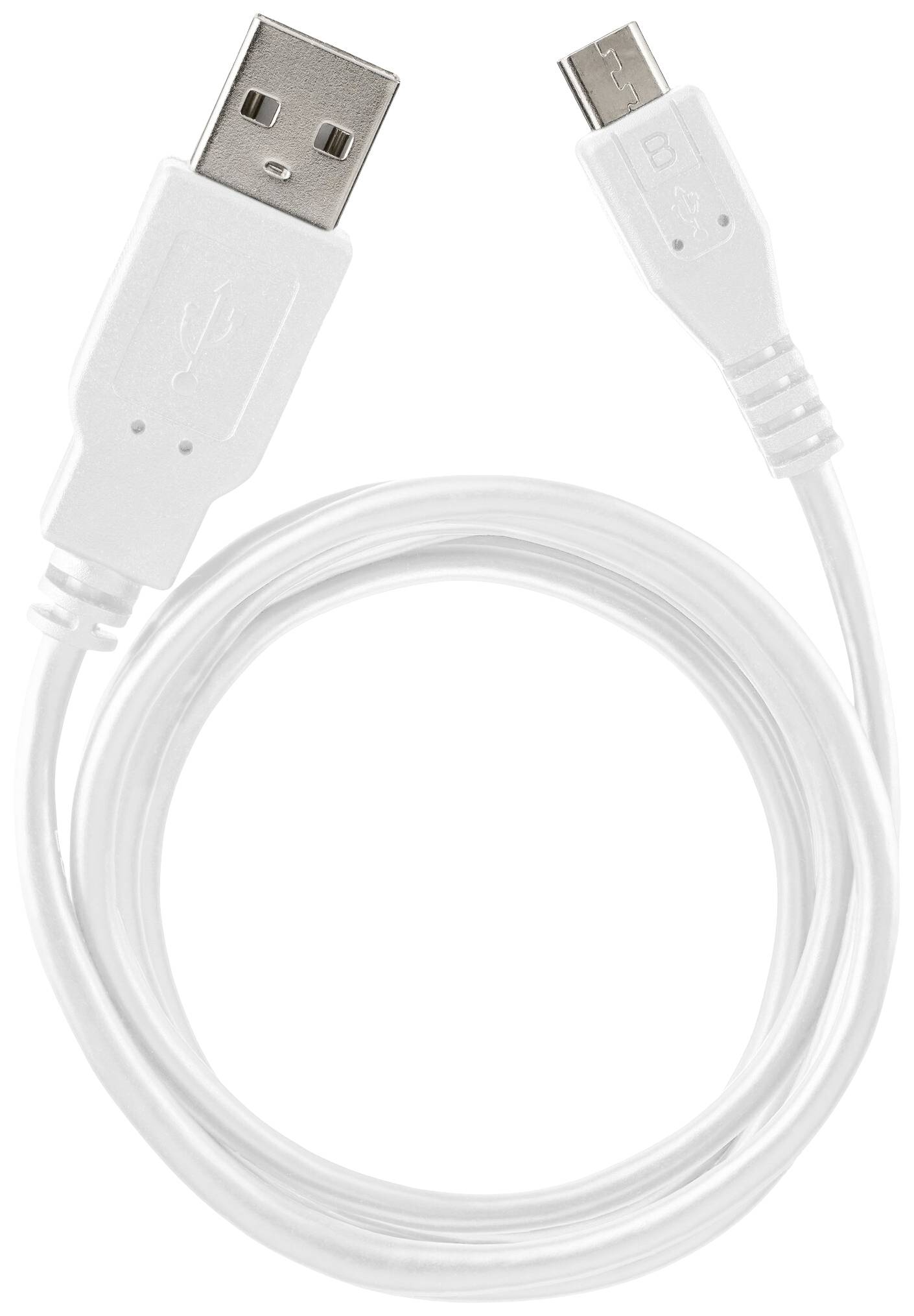 Ein weißes USB-zu-Micro-USB-Kabel, ungefähr einen Meter lang, geeignet für Lade- und Datenübertragungszwecke.