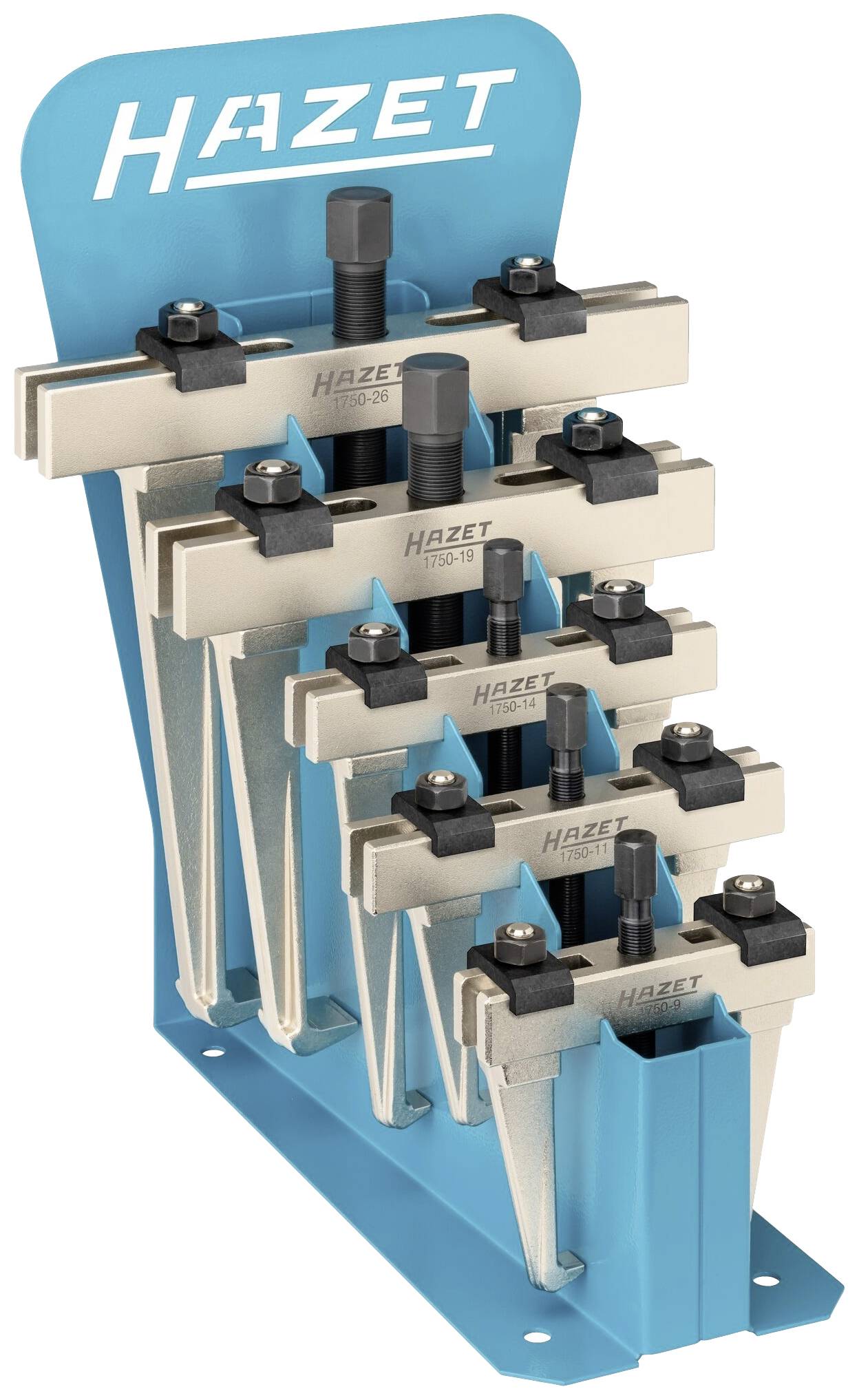Ein blaues Werkzeughalterset von Hazet mit mehreren Steckplätzen in verschiedenen Größen, um Drehmomentschlüssel sicher aufzubewahren.