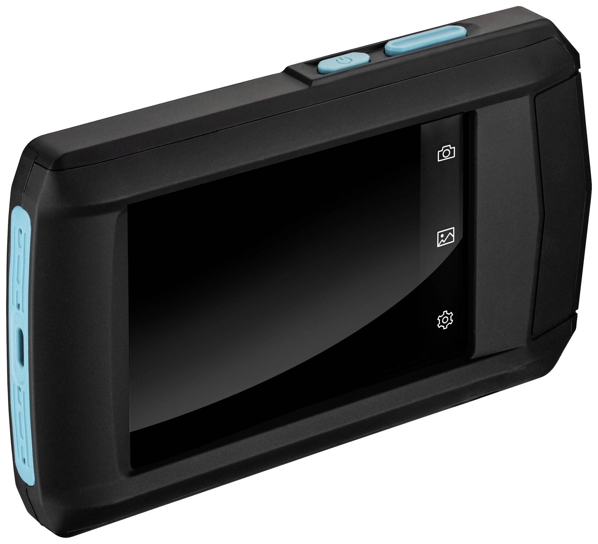 Schwarzes, rechteckiges Gerät mit Display und blauen Tasten; zeigt Symbole für Kamera und Einstellungen; vermutlich eine Kamera oder ein Messgerät.
