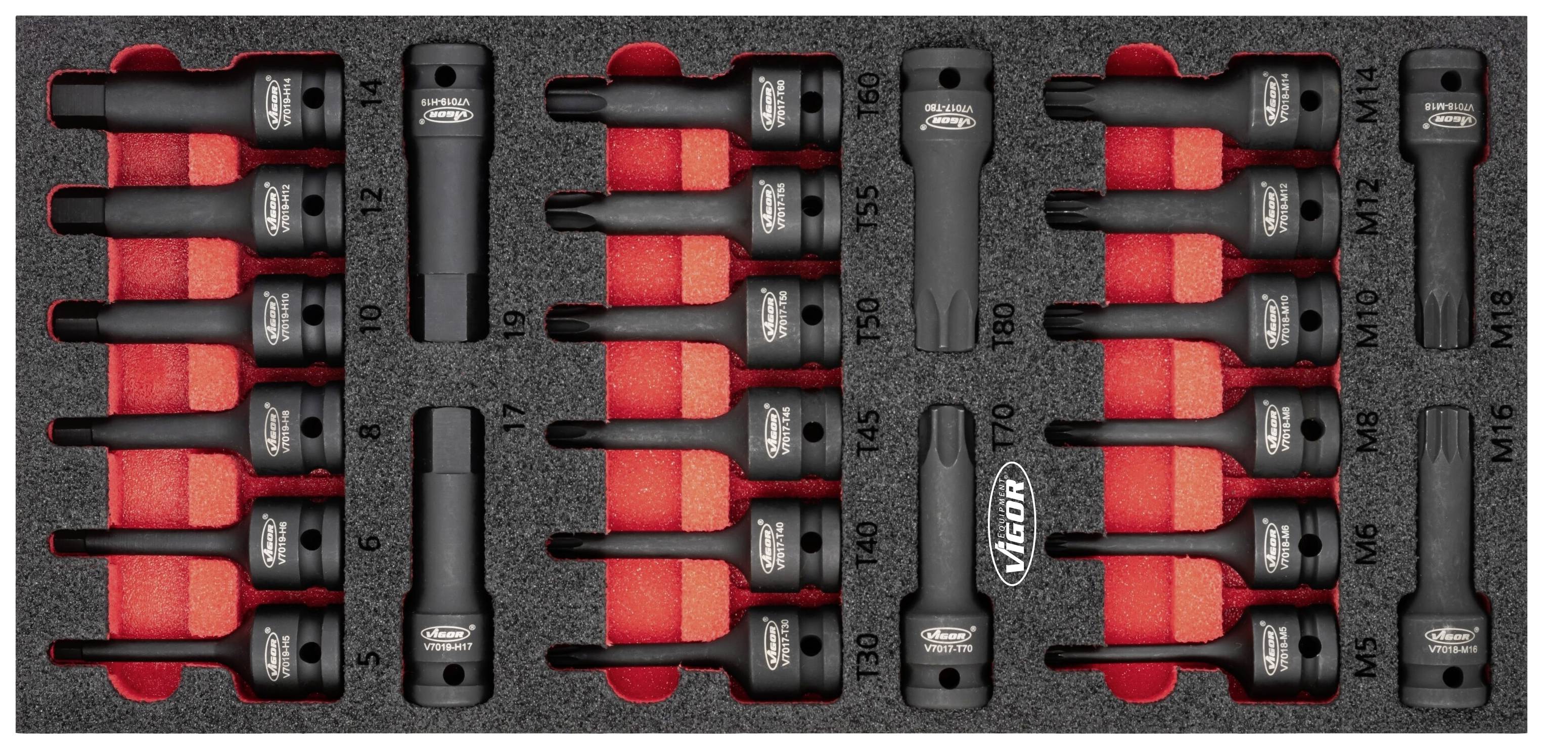 Schaumstoffeinlage mit 19 schwarzen Stecknüssen und Adaptern von Vigor, nummeriert und geordnet. Enthält Größen M5 bis M18, T6 bis T80.