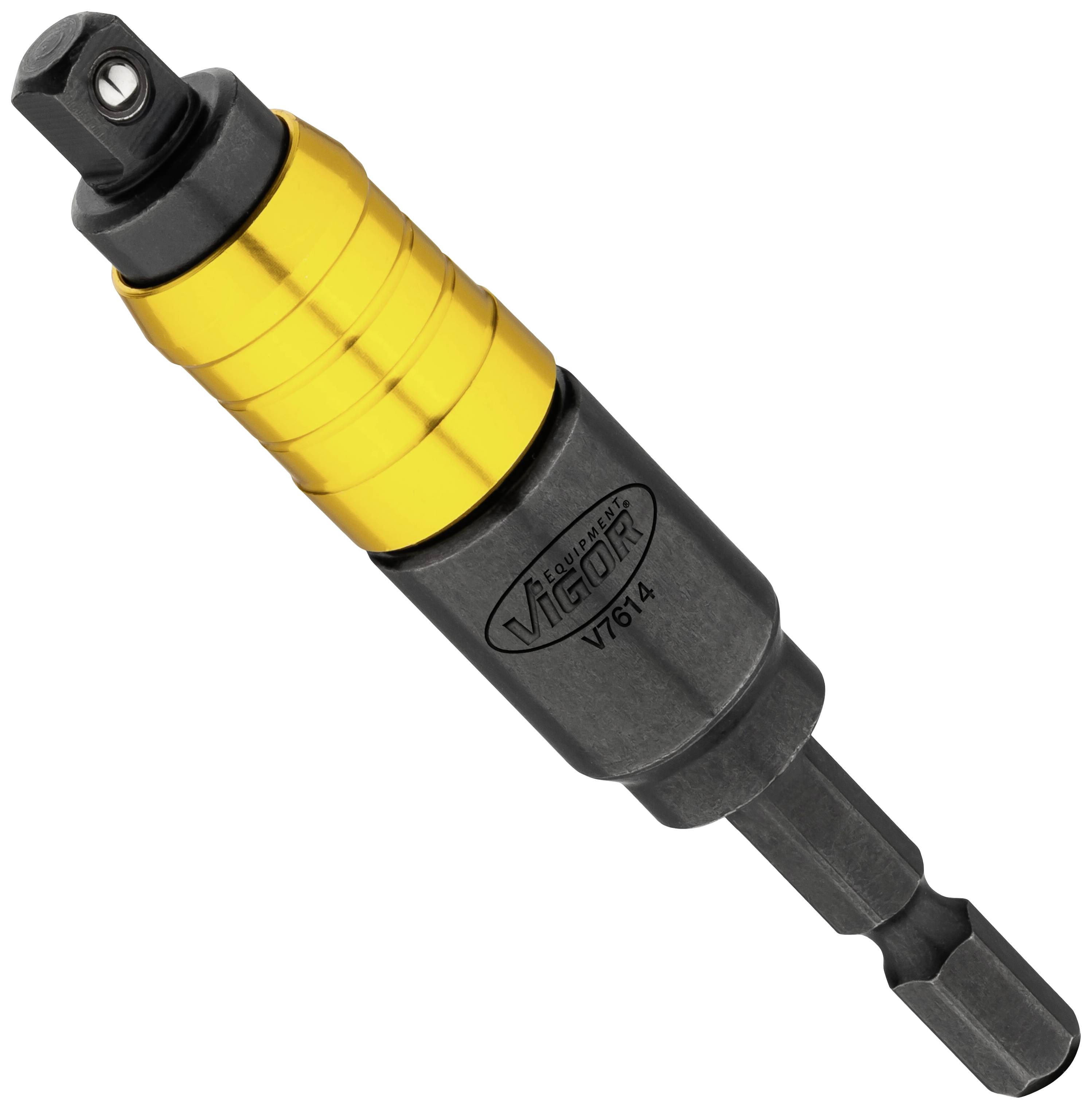 Ein gelb-schwarzer Bohradapter mit Markenaufdruck 'Version Tiger', verwendet zum schnellen Wechsel von Bits bei Bohrmaschinen.