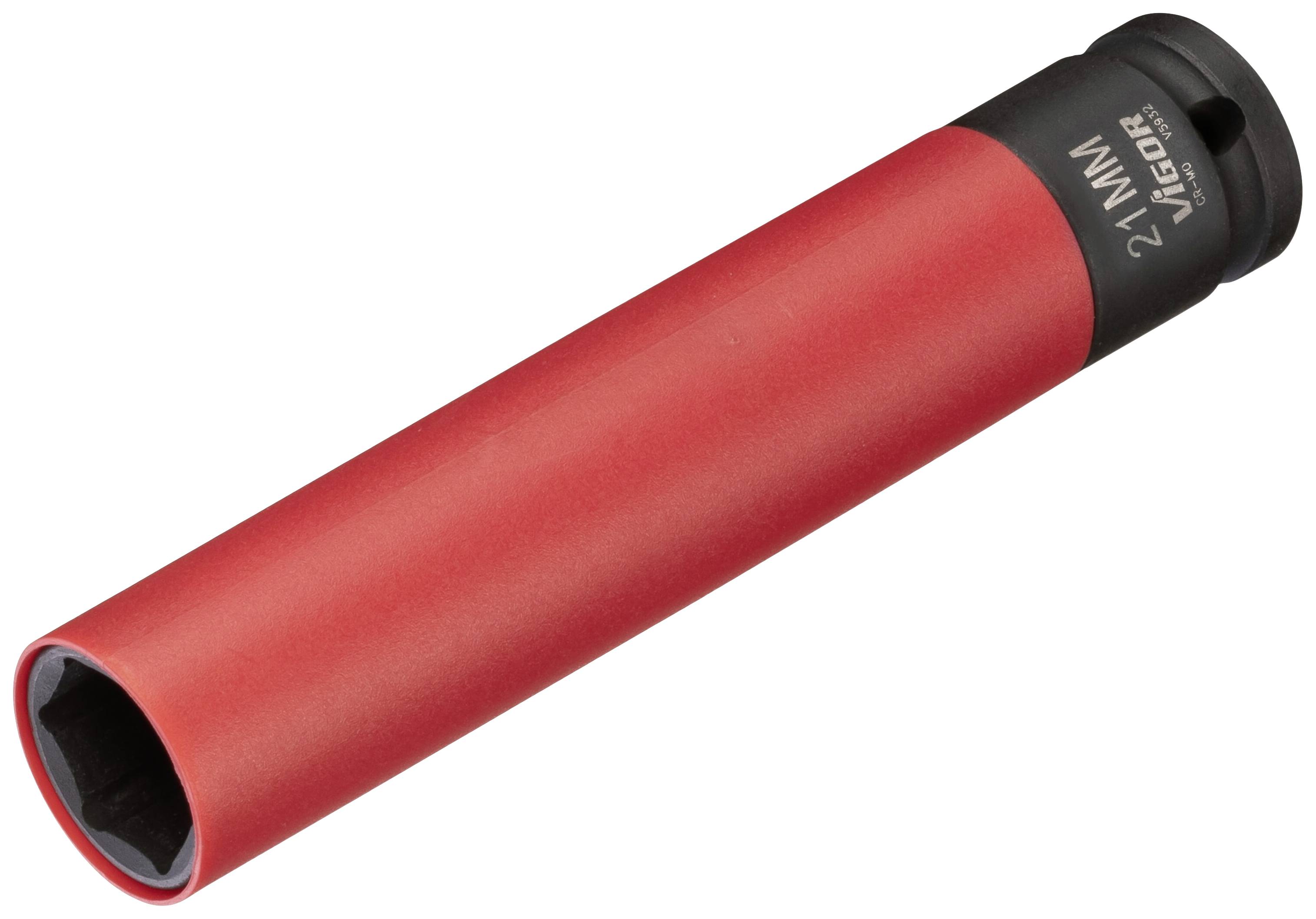 Roter Steckschlüsselaufsatz mit schwarzem Ende, 21 mm Größe, zur Anwendung in mechanischen oder handwerklichen Arbeiten.