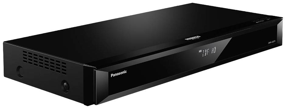 Schwarzer Panasonic Blu-ray-Player, flaches Design mit digitalem Display auf der Vorderseite, geeignet für Heimkino-Systeme.