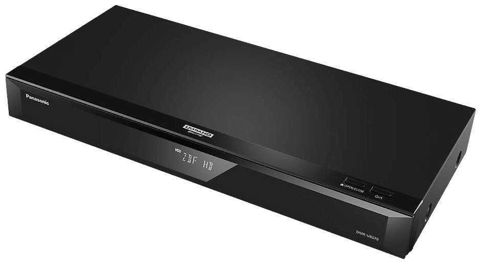 Schwarzer Panasonic Blu-ray-Player, Modell DMP-UB410, von oben betrachtet. Zeigt ein minimalistisches Design mit glattem Finish.