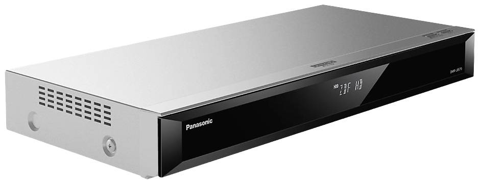 Ein silberner Panasonic Blu-ray-Player mit horizontalem Design und digitalem Display auf der Vorderseite.