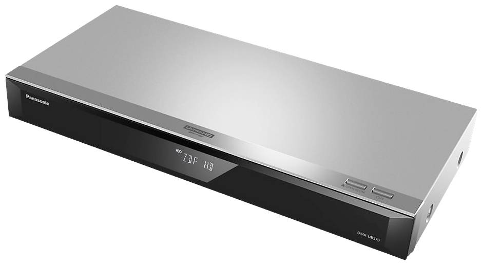 Ein silberner Blu-ray-Player mit schwarzer Front und eingebauten Bedienelementen. Oben links das Panasonic-Logo.