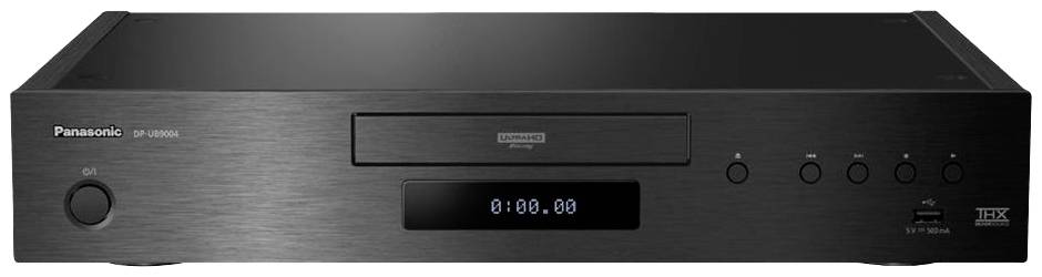 Ein schwarzer Panasonic Blu-ray-Player, Modell DP-UB9000, mit mehreren Bedienknöpfen, USB-Anschluss und digitalem Display auf der Vorderseite.