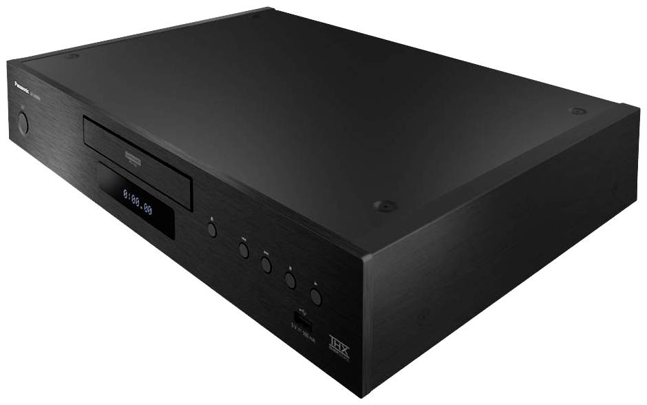Schwarzer Blu-ray-Player in rechteckiger Form mit geöffnetem Disc-Einschub und mehreren Bedienknöpfen auf der Vorderseite.