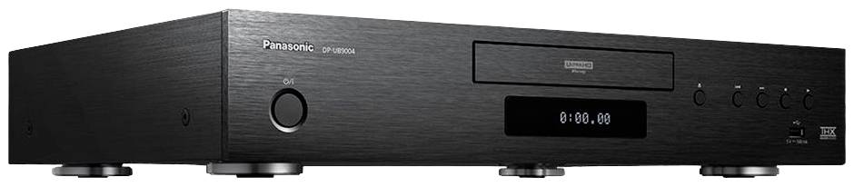 Ein schwarzer Panasonic Blu-ray-Player mit CD-Fach, Ein-/Aus-Schalter und digitaler Anzeige auf der Vorderseite.