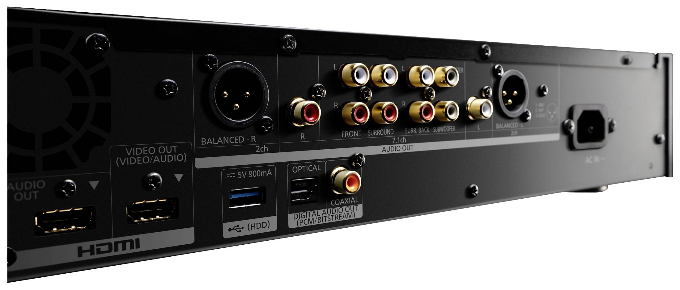 Rückseite eines Audioverstärkers mit mehreren Audiosteckern, einschließlich HDMI-, optischen und analogen Anschlüssen; zeigt Anschlussmöglichkeiten.